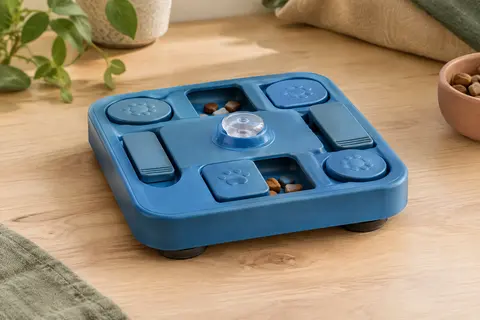 Jouet de réflexion Dufuso bleu avec compartiments à friandises, éléments coulissants et bouton-poussoir.