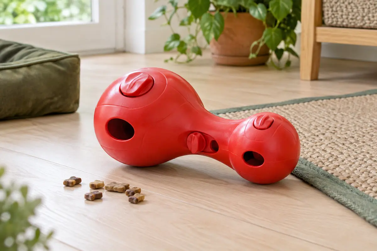 Jouet distributeur de friandises rouge avec ouvertures réglables, posé sur un sol clair près de récompenses