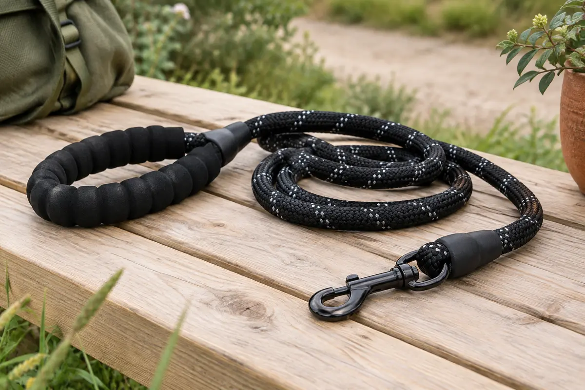 Laisse noire en corde de nylon avec poignée rembourrée, fils réfléchissants et crochet métallique pivotant.