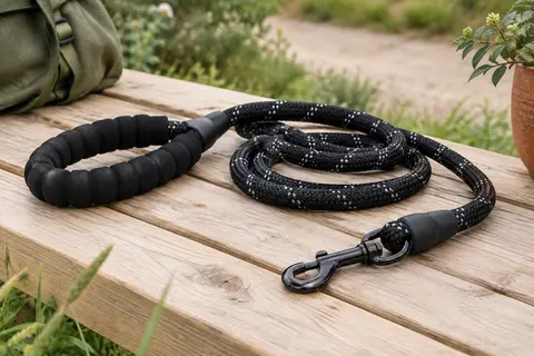 Laisse noire en corde de nylon avec poignée rembourrée, fils réfléchissants et crochet métallique pivotant.