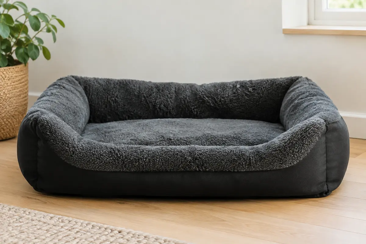 Panier rectangulaire gris foncé et noir pour chien, à mousse double face et rebords enveloppants