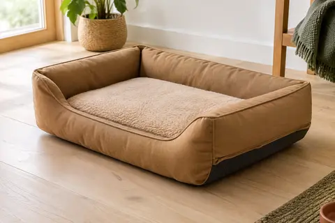 Panier-canapé camel pour chien, avec surface douce et traversin sur trois côtés, posé sur un sol en bois clair.