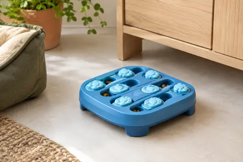 Jouet puzzle bleu pour chien avec rainures à friandises et pièces mobiles, posé dans un intérieur lumineux.