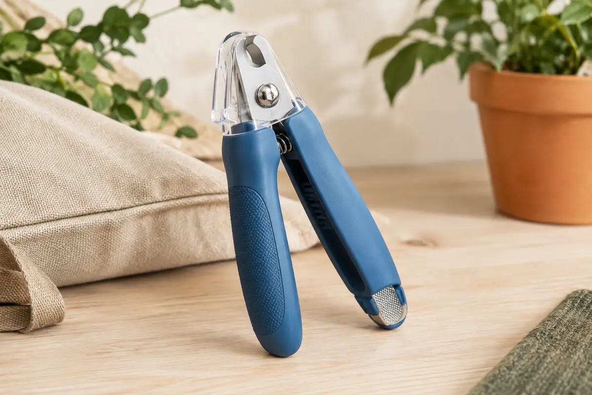 Coupe-griffes bleu avec éclairage LED, coque transparente et lime intégrée, posé sur du bois clair.