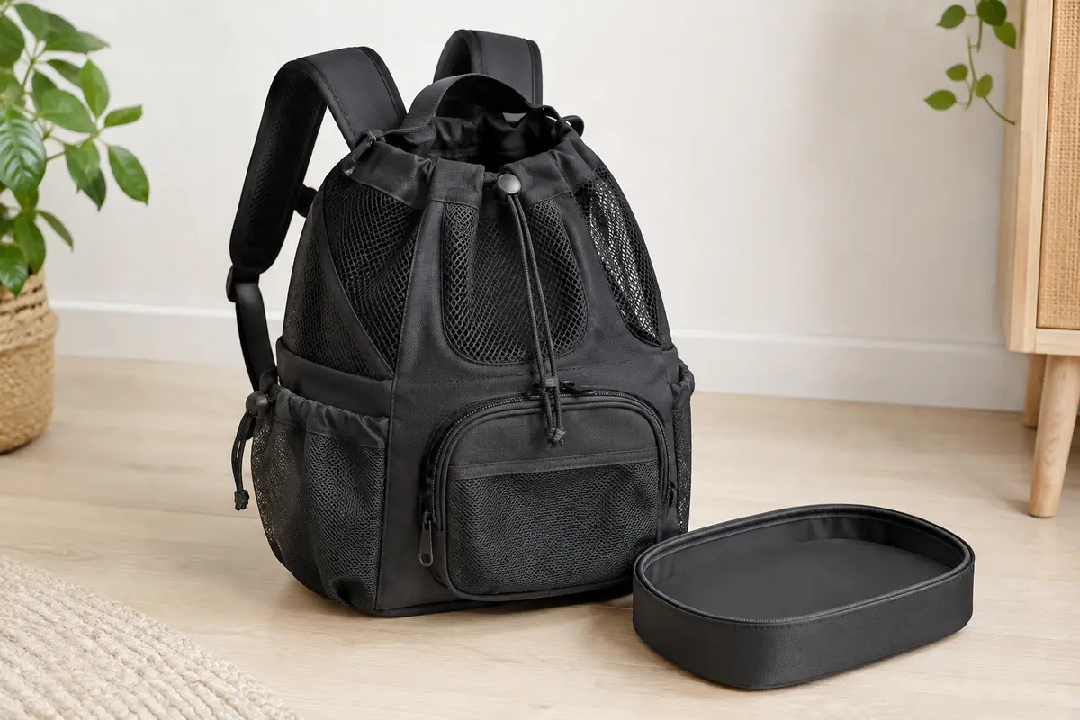 Sac à dos noir pour petit animal avec maille respirante, bretelles rembourrées et poches extérieures
