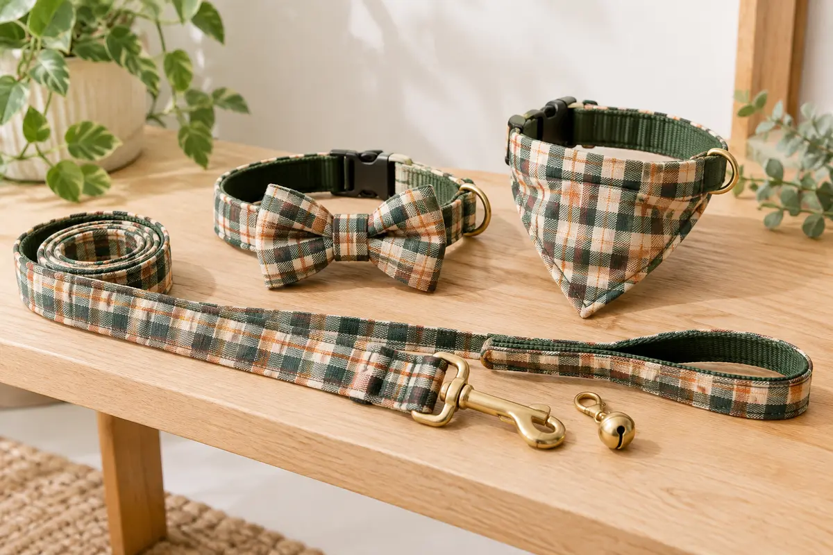 Ensemble crème à carreaux avec deux colliers, nœud papillon, bandana, laisse et clochette dorée amovible.
