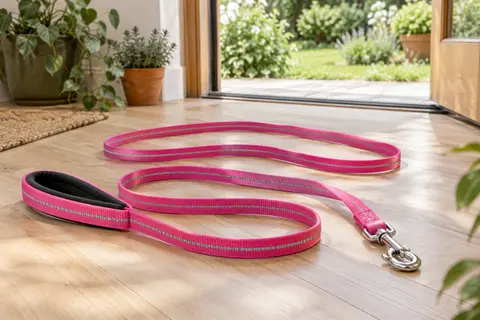 Longe pour chien en nylon rose avec fil réfléchissant, poignée rembourrée et mousqueton pivotant.