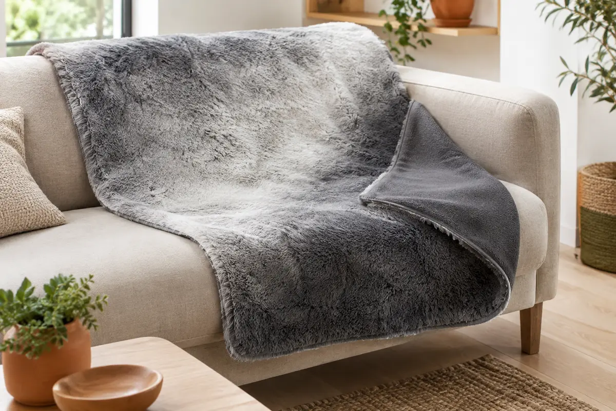 Couverture réversible gris ombré posée sur un canapé clair, avec ses deux faces en peluche et polaire visibles.