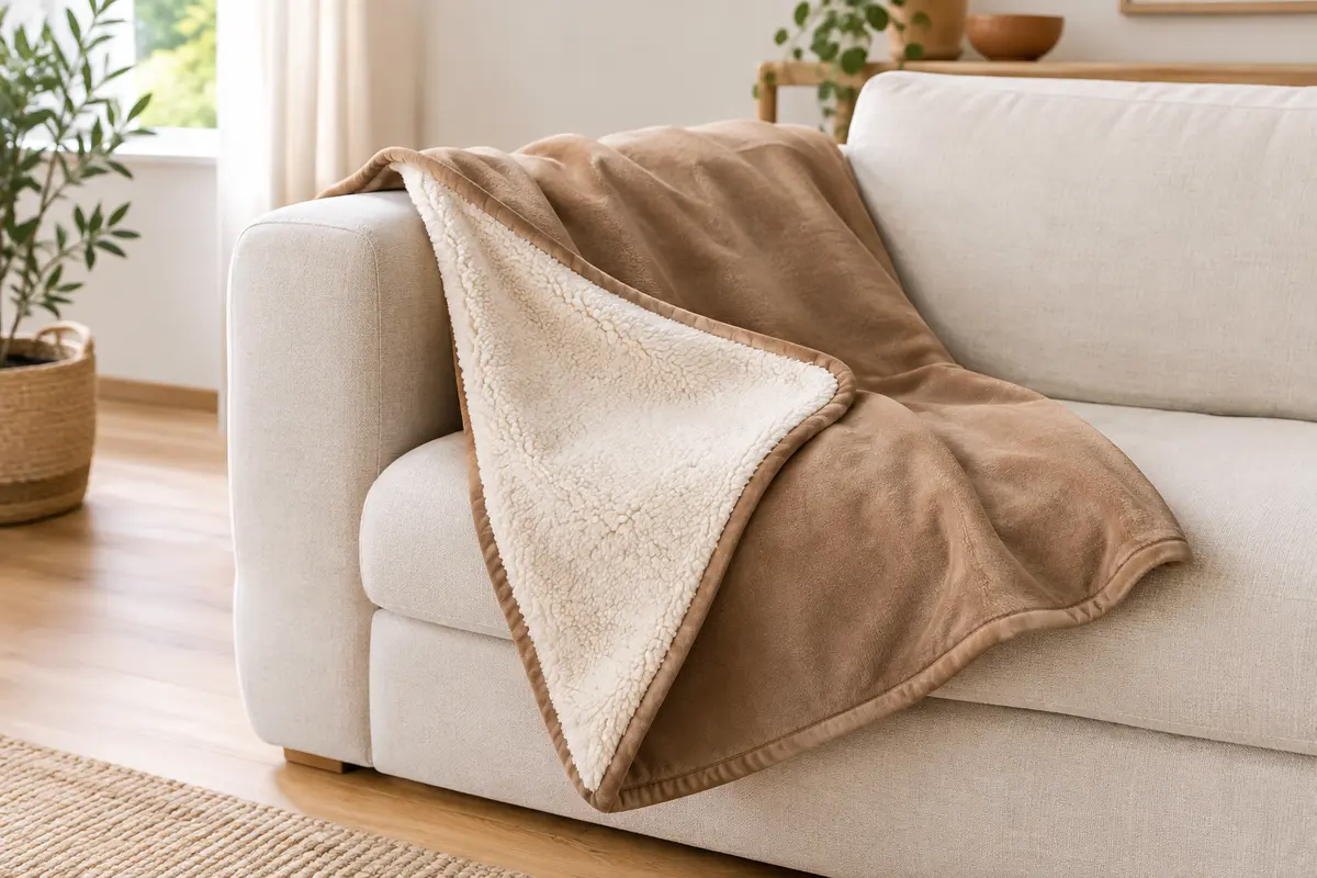 Couverture réversible Feandrea beige, avec une face Sherpa crème et une face flanelle, posée sur un canapé clair.