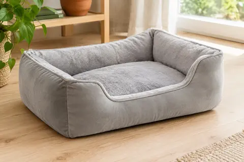 Panier Feandrea gris clair à bords relevés, posé sur un sol en bois clair dans un intérieur lumineux.