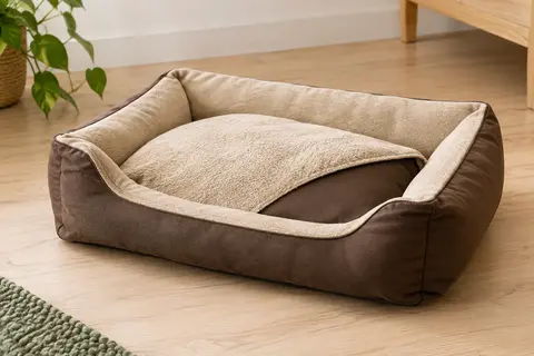 Panier compact marron café et beige sable avec coussin amovible et bords surélevés pour petit animal.