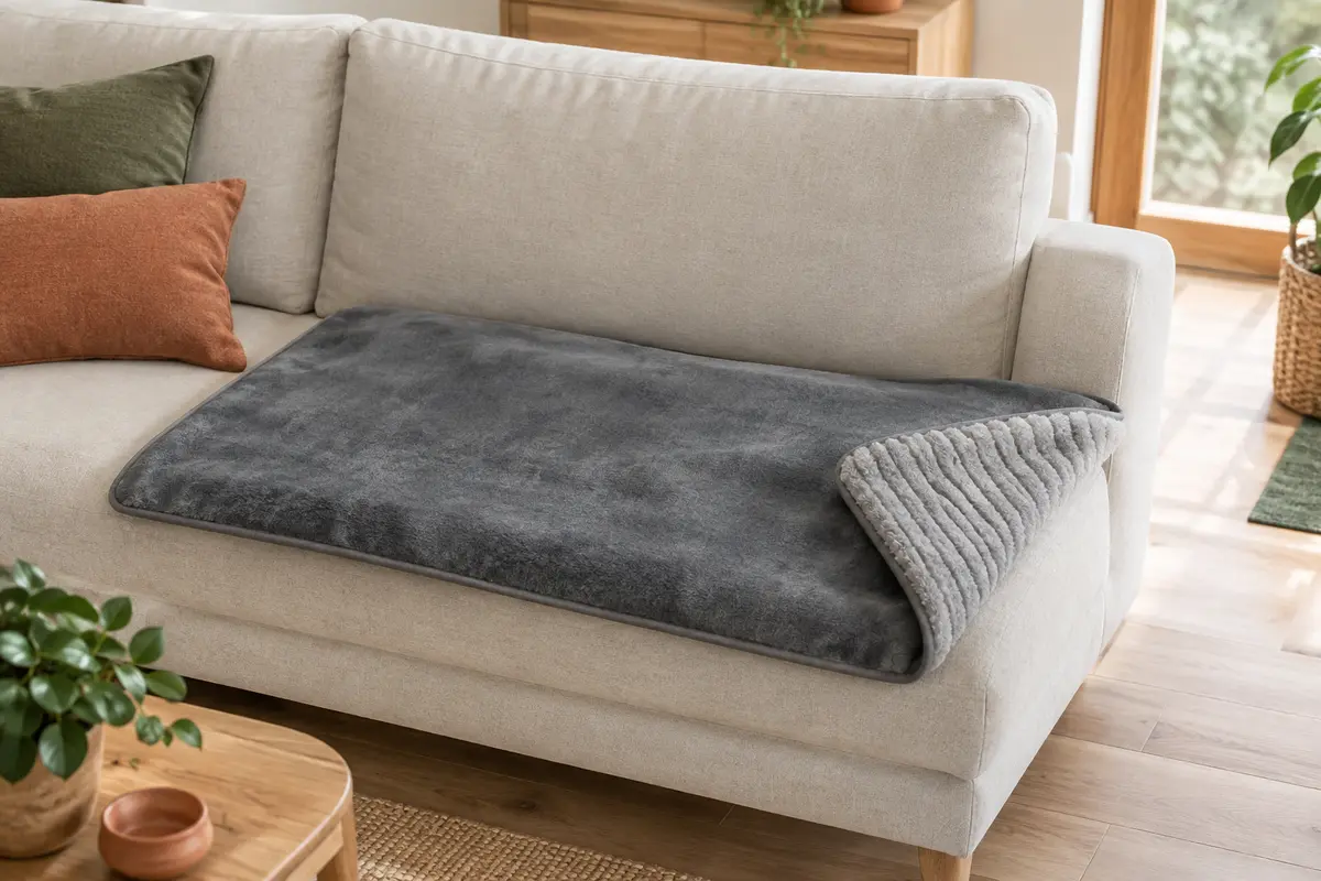 Tapis réversible gris pour chien posé sur un canapé clair, avec sa texture douce et côtelée visible.
