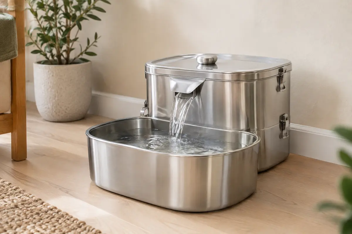 Fontaine à eau pour animaux en acier inoxydable, avec un grand réservoir et un bac ouvert dans un intérieur lumineux.