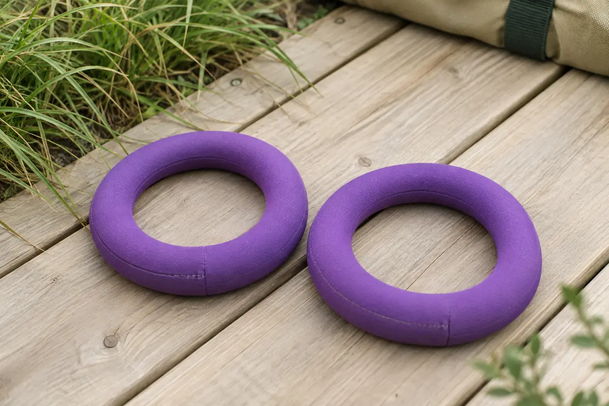 Deux anneaux de jeu violets en néoprène posés sur une terrasse en bois clair
