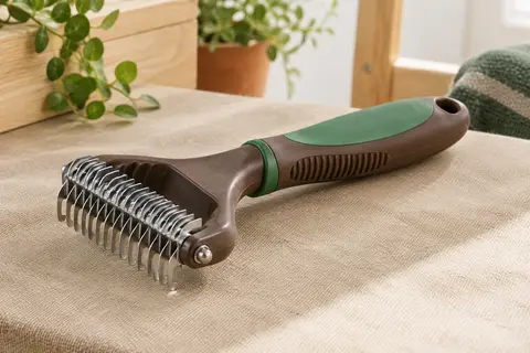 Peigne râteau compact à deux rangées de dents rotatives et poignée ergonomique brune et verte