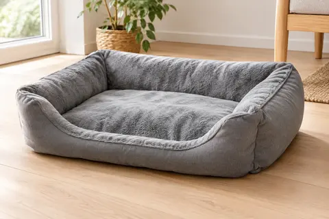 Panier pour chien gris à bords rembourrés et entrée abaissée, posé sur un parquet clair.