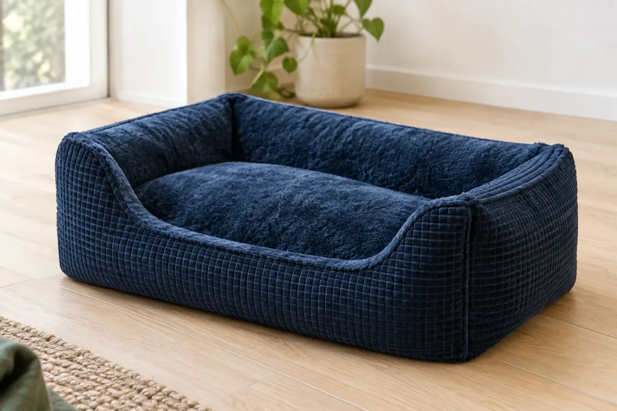 Panier bleu marine pour chien, avec trois rebords rembourrés et une entrée avant abaissée