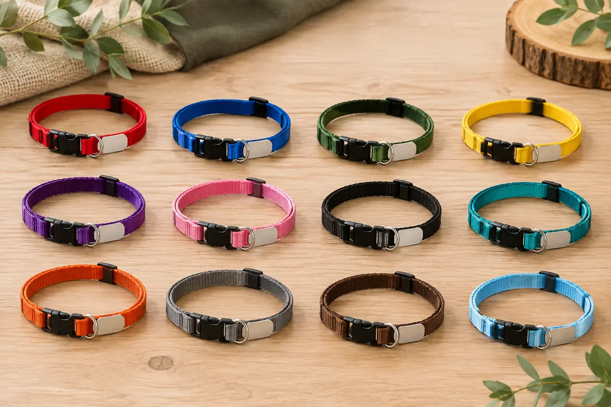 Lot de colliers réglables en nylon coloré pour chiots, avec boucles rapides et étiquette de nom.
