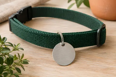 Médaille ronde argentée en acier brossé attachée à un collier en toile vert profond