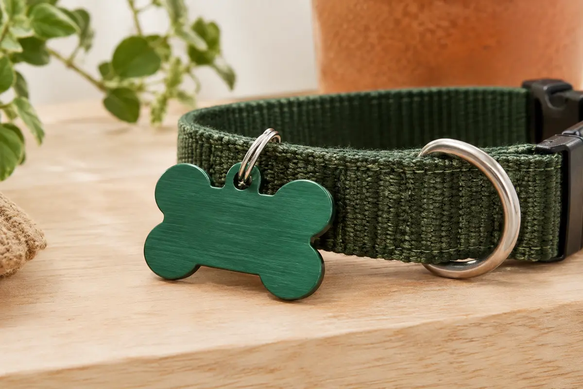 Médaille d’identification en aluminium vert profond, en forme d’os et à finition brossée, posée près d’un collier.