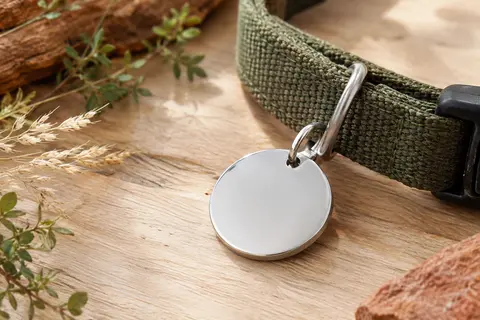 Médaille ronde en acier inoxydable à finition polie, posée près d’un collier en toile sur du bois clair.