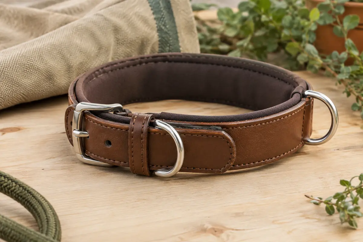 Collier rembourré marron en cuir PU avec boucle métallique et deux anneaux en D