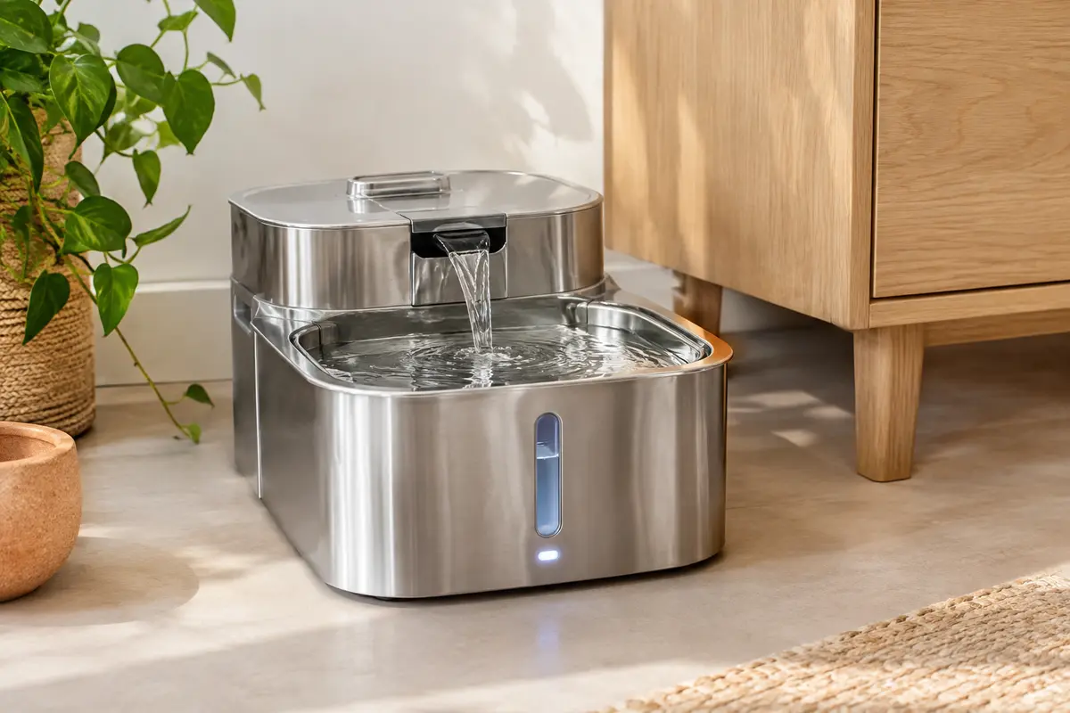 Fontaine à eau argentée en inox avec fenêtre de niveau, poignée intégrée et bac pour animaux