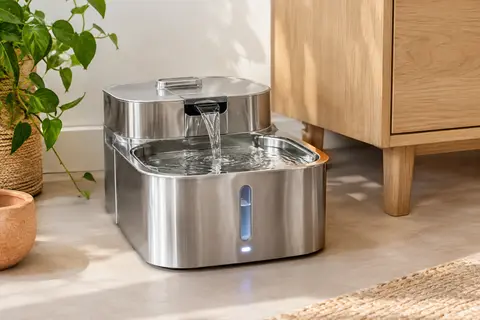 Fontaine à eau argentée en inox avec fenêtre de niveau, poignée intégrée et bac pour animaux