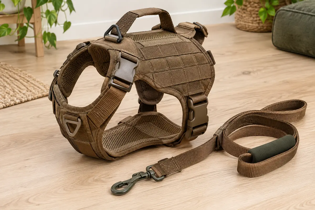 Harnais tactique marron en nylon avec bandes MOLLE, anneaux triangulaires et laisse de 1,5 m