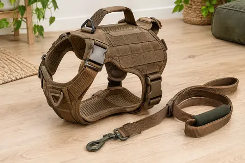 Harnais tactique marron en nylon avec bandes MOLLE, anneaux triangulaires et laisse de 1,5 m