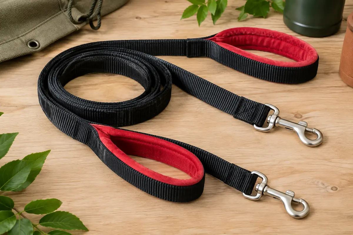 Laisse pour chien noire en nylon avec deux poignées rouges et deux mousquetons, posée sur du bois clair