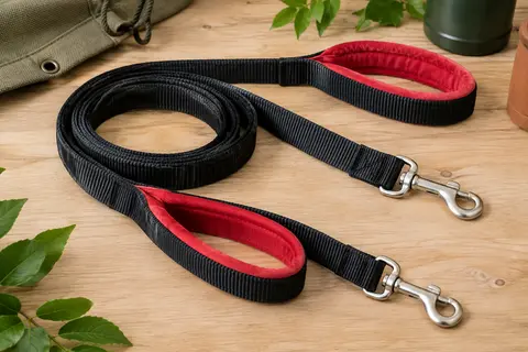 Laisse pour chien noire en nylon avec deux poignées rouges et deux mousquetons, posée sur du bois clair