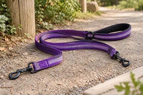 Laisse double violette pour chien avec sangle réfléchissante, poignée souple et clips métalliques noirs