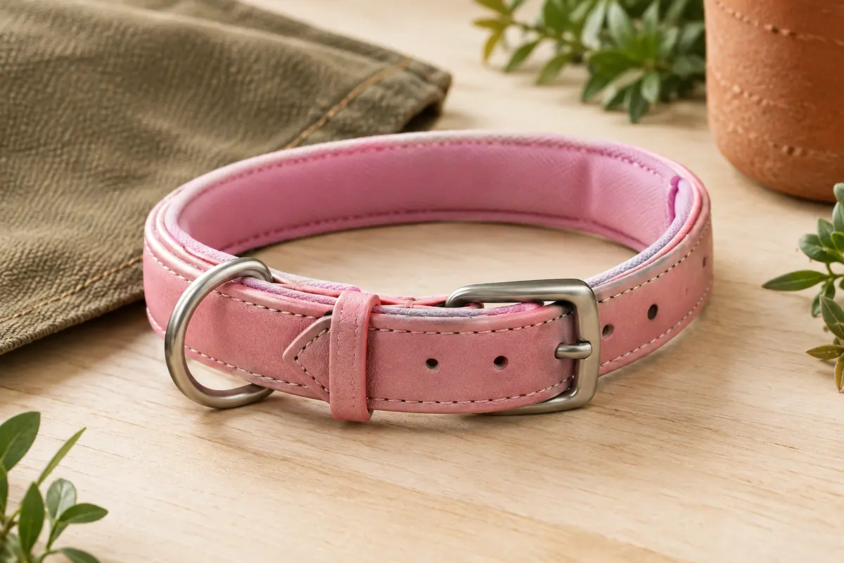 Collier ajustable rose pour chien en cuir, avec doublure rembourrée et anneau pour médaille