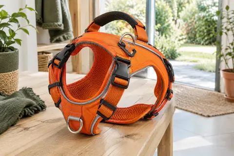 Harnais pour chien orange avec sangles réglables, anneaux métalliques, poignée arrière et bandes réfléchissantes.