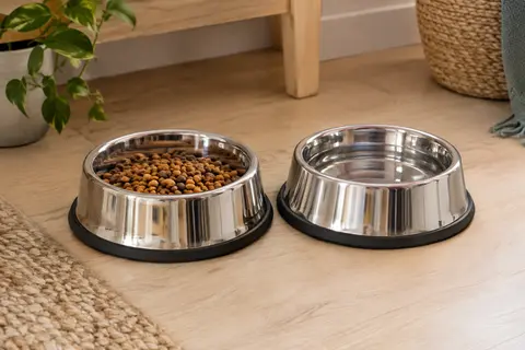 Deux gamelles en inox poli avec base en caoutchouc, posées côte à côte pour les repas d’un petit animal.
