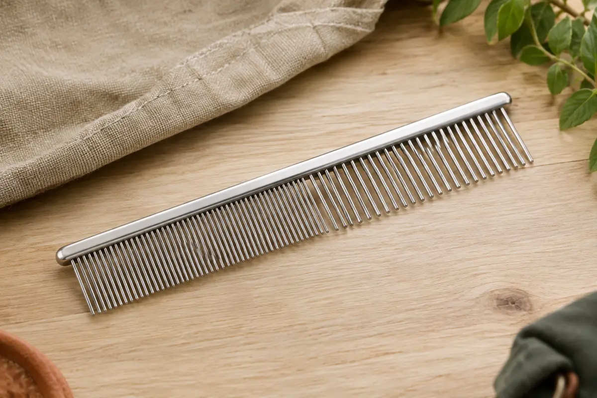 Peigne de toilettage argenté en acier inoxydable avec deux espacements de dents, posé sur du bois clair.