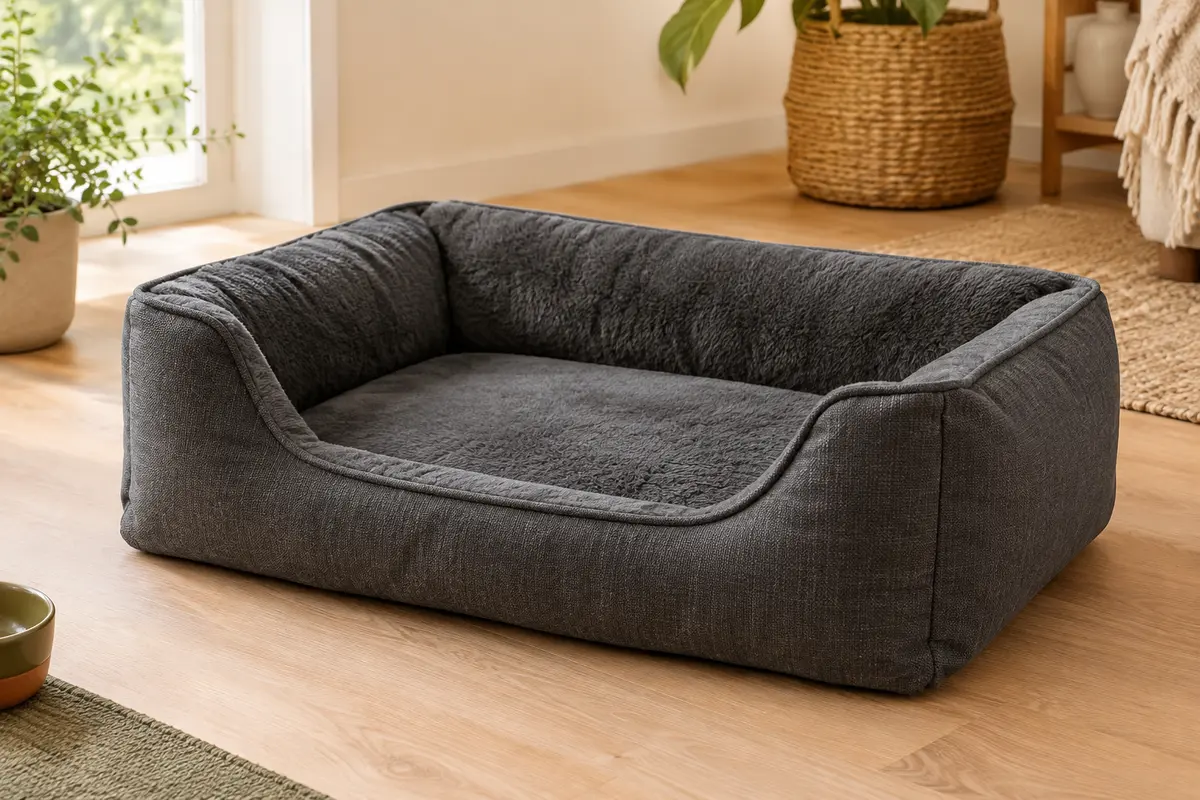 Panier pour chien gris foncé à rebords rembourrés et surface de couchage en peluche
