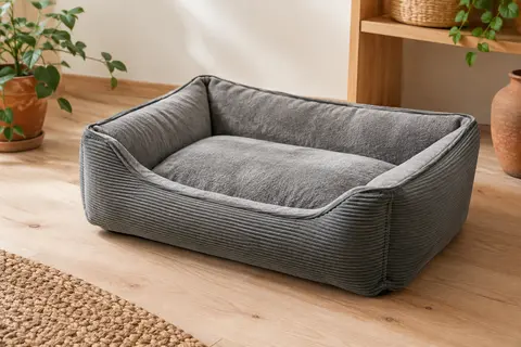 Panier gris rectangulaire pour chien, avec surface douce et bords rembourrés sur un sol clair.