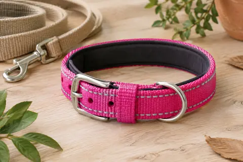 Collier Joytale rose vif rembourré, avec boucle métallique, anneau en D et fils réfléchissants