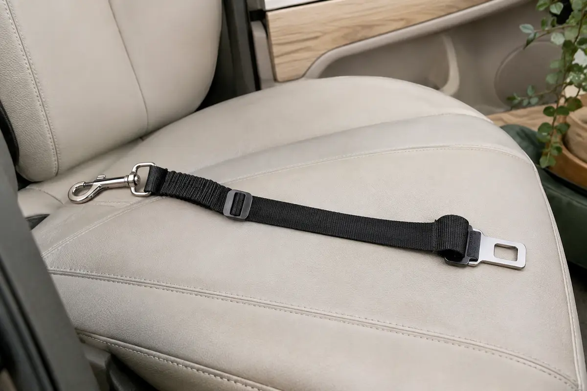 Adaptateur de ceinture auto noir Julius-K9 en aluminium, posé sur un siège de voiture clair.