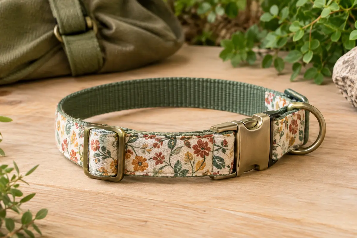 Collier pour chien en coton à motif floral avec boucle métallique gravée et sangle réglable