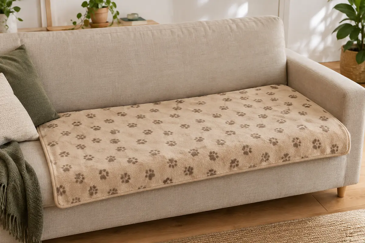 Couverture en polaire beige à motif de pattes posée sur un canapé en toile, dans un intérieur lumineux.