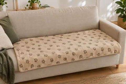 Couverture en polaire beige à motif de pattes posée sur un canapé en toile, dans un intérieur lumineux.