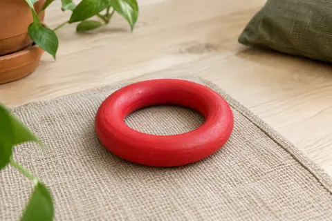 Anneau rouge en caoutchouc naturel posé sur un tapis de toile, près d’un sol en bois clair.