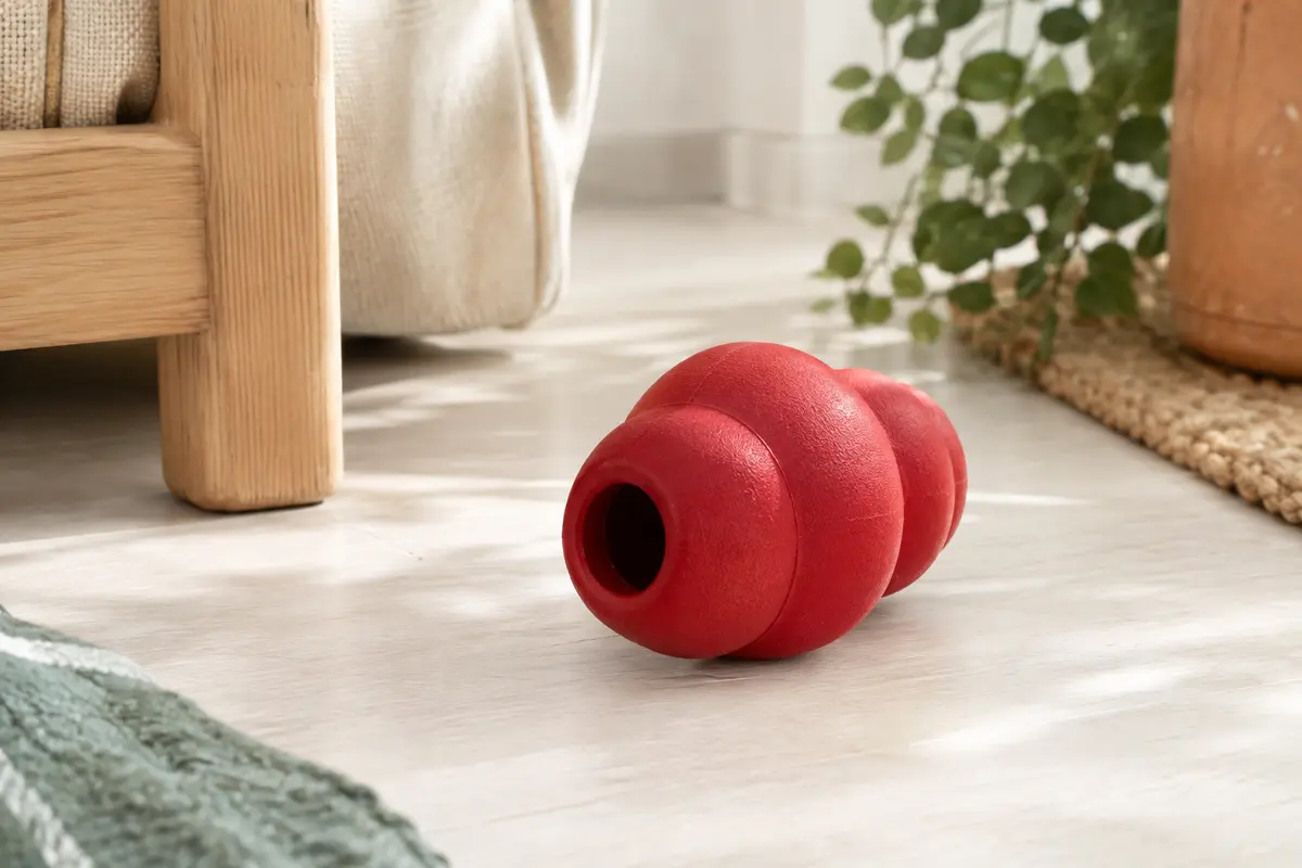 Jouet Kong Classic rouge en caoutchouc naturel, posé dans un intérieur lumineux près d’un élément en bois clair.