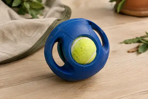 Balle interactive en caoutchouc bleu avec balle de tennis interne et poignées intégrées