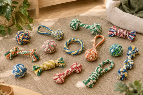 Assortiment multicolore de jouets en corde de coton, avec balles, poignées, formes de bonbon et nœuds