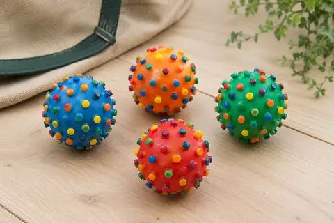 Quatre balles multicolores à picots pour chien, en caoutchouc thermoplastique avec couineur