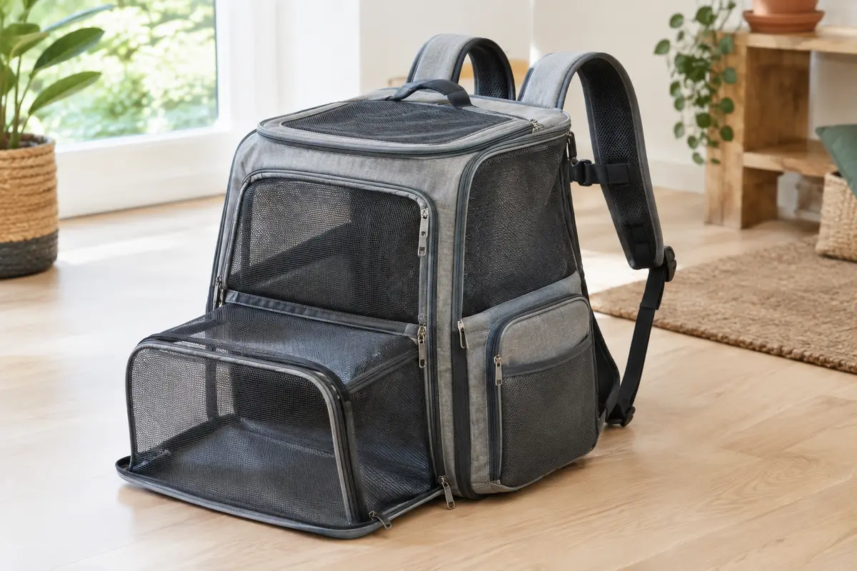 Sac à dos de transport gris extensible, avec fenêtres en maille, bretelles réglables et poches latérales